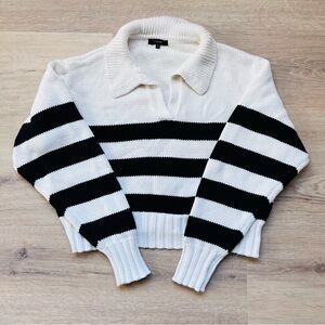Quince Cropped Organic Cotton Polo Sweater Pullover Ivory Black Striped Small